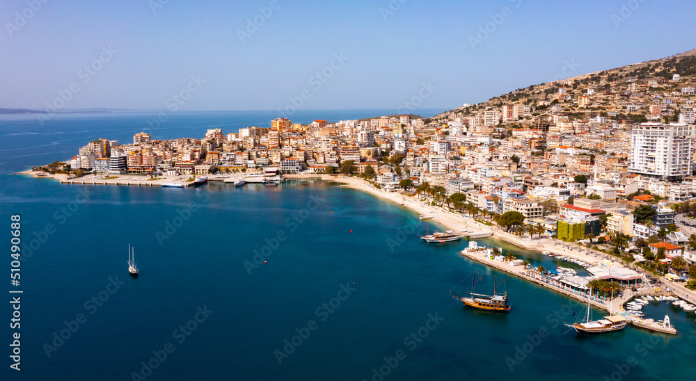 Picturesque aerial scenery of Saranda city at Albanian Ionian Sea coast