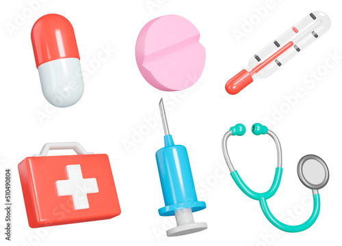 Medicine icon set. Medical instruments, diagnosis and treatment. Pills, first aid kit, thermometer, syringe, stethoscope. Isolated 3d icons, objects on a transparent background