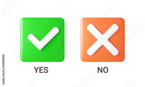 Buttons YES and NO. Check mark on green and cross on red. Isolated 3d object on a transparent background