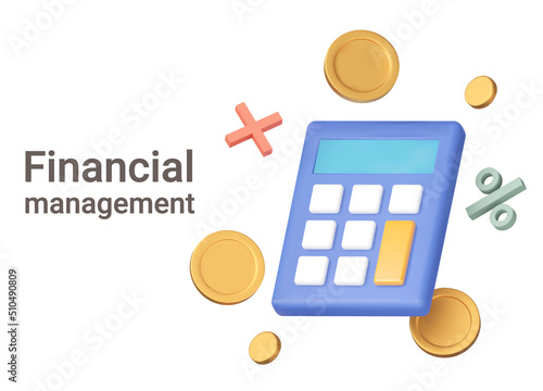 Counting money. Financial management. Counting the budget, cash savings, taxes. Calculator and coins, percentages. Isolated 3d object on a transparent background