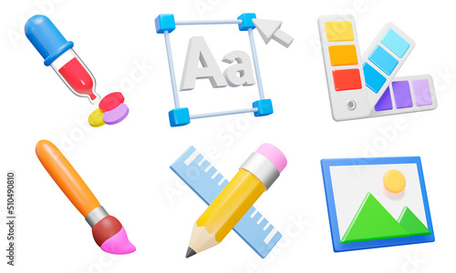 Graphic design 3d icon set. Tools for art and graphics, creativity and creation, digital creativity. web development. Isolated icons, objects on a transparent background