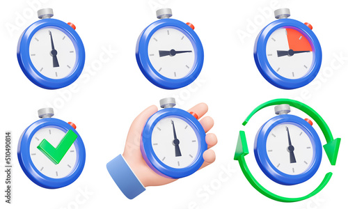Stopwatch icon set. Stopwatches, various uses. timer, time management, timekeeping. Isolated 3d object on a transparent background