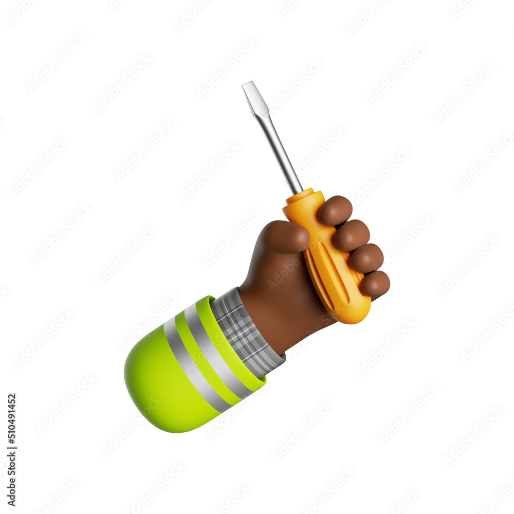 3d render, cartoon african human hand with dark skin holds screwdriver. Professional builder with building tool. Construction icon. Renovation service clip art isolated on white background 3d render, cartoon african human hand with dark skin holds screwdriver. Professional builder with building tool. Construction icon. Renovation service clip art isolated on white background