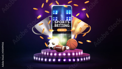 Podium with bulbs in empty purple scene with smartphone, champion cups, falling gold coins and sport balls