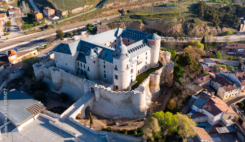 Drone photo of Simancas castle, located in center of town. Province of Valladolid, Castile and Leon, Spain.
