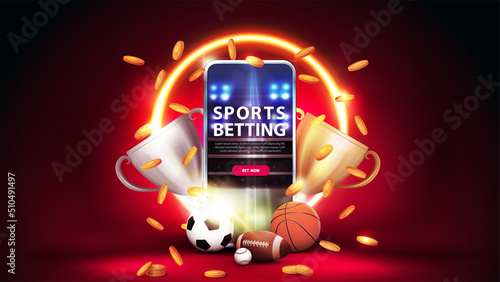Sports betting, red banner with smartphone, champion cups, falling gold coins, sport balls and yellow neon ring on background