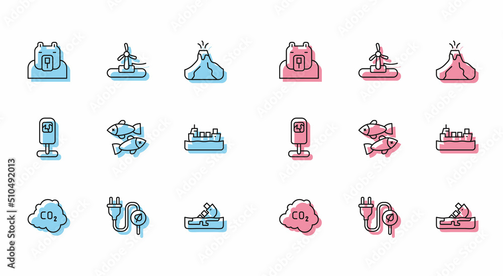 Set line CO2 emissions in cloud, Electric saving plug leaf, Polar bear head, Wrecked oil tanker ship, Dead fish, Oil, Trash can and Wind turbine icon. Vector Set line CO2 emissions in cloud, Electric saving plug leaf, Polar bear head, Wrecked oil tanker ship, Dead fish, Oil, Trash can and Wind turbine icon. Vector
