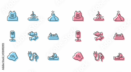 Set line CO2 emissions in cloud, Electric saving plug leaf, Polar bear head, Wrecked oil tanker ship, Dead fish, Oil, Trash can and Wind turbine icon. Vector