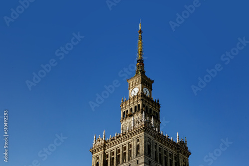 Top of Palace of Culture and Science in Warsaw, Poland, Clock tower. photo