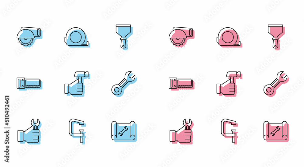 Set line Wrench spanner, Clamp and screw tool, Electric circular saw, Graphing paper wrench, Hammer, Hand and Roulette construction icon. Vector Set line Wrench spanner, Clamp and screw tool, Electric circular saw, Graphing paper wrench, Hammer, Hand and Roulette construction icon. Vector