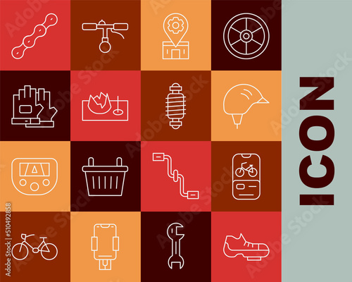 Set line Bicycle shoes, rental mobile app, helmet, repair service, on street ramp, Gloves, chain and suspension icon. Vector