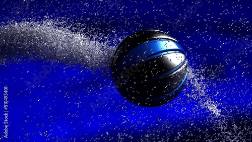 Fototapeta Naklejka Na Ścianę i Meble -  Black-Blue Basketball with Diamond Water Particles under Red-Blue Lighting Background. 3D illustration. 3D high quality rendering. 3D CG.