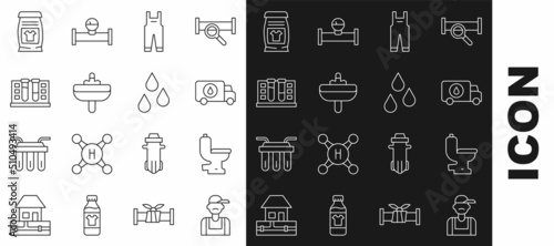 Set line Plumber, Toilet bowl, service car, Work overalls, Washbasin, Test tube with water drop, Laundry detergent and Water icon. Vector