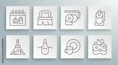 Set line Handle broom, Brush for cleaning, Kitchen apron, Washing dishes, Sponge, Toilet paper roll, and Cleaning calendar icon. Vector