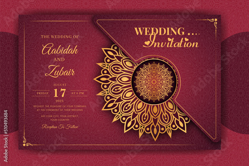 Luxury Mandala Wedding Invitation Card template with golden arabesque pattern Arabic Islamic east background style. Editable vector file. Decorative mandala for print, poster, cover, flyer, banner.