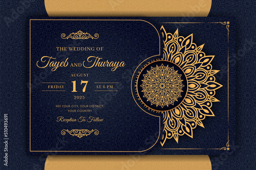 Luxury Mandala Wedding Invitation Card template with golden arabesque pattern Arabic Islamic east background style. Editable vector file. Decorative mandala for print, poster, cover, flyer, banner.