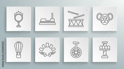 Set line Hot air balloon, Bumper car, Hand holding playing cards, Unicycle or one wheel bicycle, Attraction carousel, Drum with drum sticks, Monkey and Circus fire hoop icon. Vector