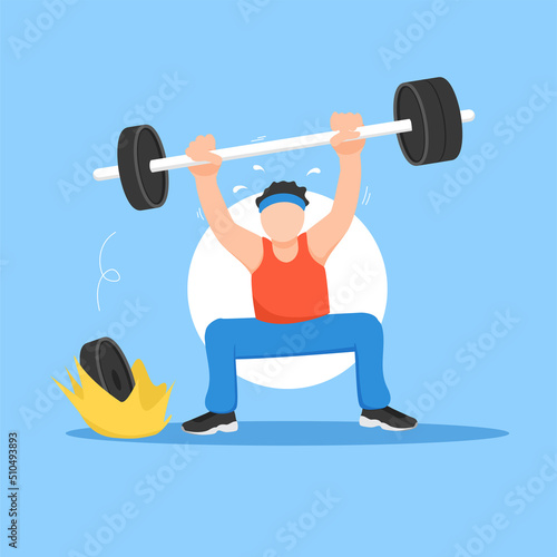 Barbell plate fell from the row. body builder lost power while lift weight vector flat illustration