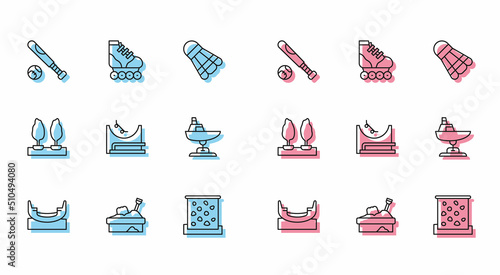 Set line Boat swing, Sandbox with sand, Baseball bat ball, Climbing wall, Skate park, Swing boat, Forest and Roller skate icon. Vector