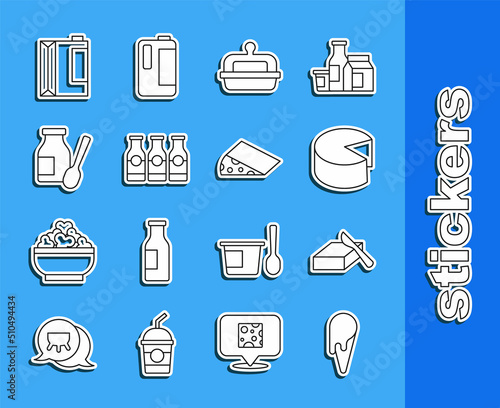 Set line Ice cream in waffle cone, Butter butter dish, Cheese, Bottle with milk, Drinking yogurt bottle, Paper package for kefir and icon. Vector