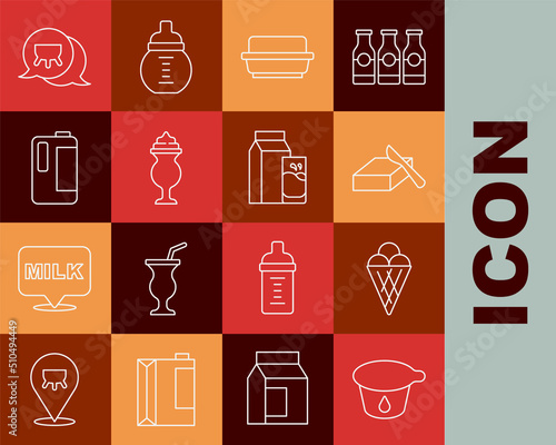 Set line Yogurt container, Ice cream waffle cone, Butter butter dish, Milkshake, plastic bottle, Udder and Paper package for kefir icon. Vector