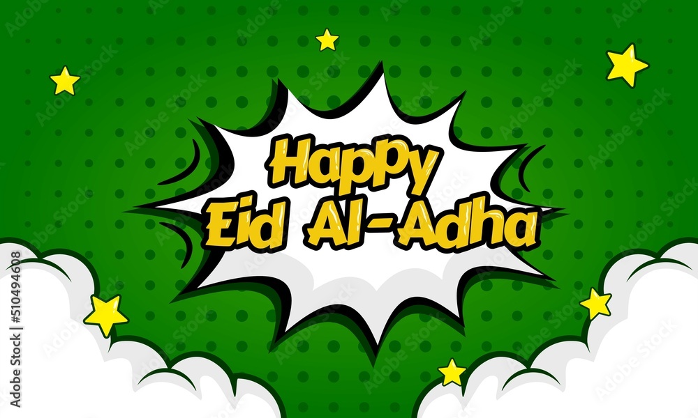 Pop art comic background with clouds and stars. With the theme of Eid al-Adha. Cartoon Green Illustration Vektor