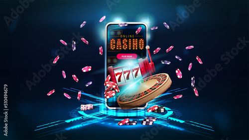 Online casino, banner with smartphone, Casino Roulette wheel, slot machine, poker chips and digital hologram of podium with digital rings and cross in dark room