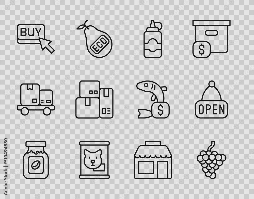 Set line Coffee jar bottle, Grape fruit, Sauce, Canned food, Buy button, Cash register machine, Market store and Hanging sign with Open icon. Vector Set line Coffee jar bottle, Grape fruit, Sauce, Canned food, Buy button, Cash register machine, Market store and Hanging sign with Open icon. Vector