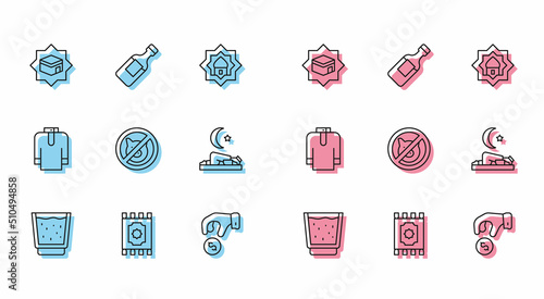 Set line Glass with water, Traditional carpet, Kaaba mosque, Donate or pay your zakat, No pig, Muslim man prays, Shirt kurta and Bottle of icon. Vector