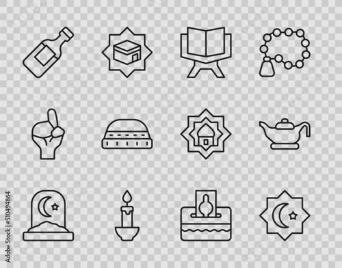 Set line Muslim cemetery, Octagonal star, Holy book of Koran, Burning candle, Bottle water, hat for prayer, Donate pay your zakat and Oil lamp icon. Vector
