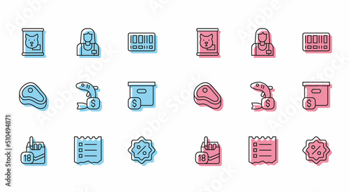 Set line Cigarettes pack box, Shopping list, Canned food, Discount percent tag, Price for fish, Carton cardboard with price, Steak meat and Seller icon. Vector