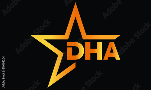 DHA golden luxury star icon three letter logo design vector template. royal logo | luxury logo | jewelry logo | premium logo | iconic logo | Victoria logo |