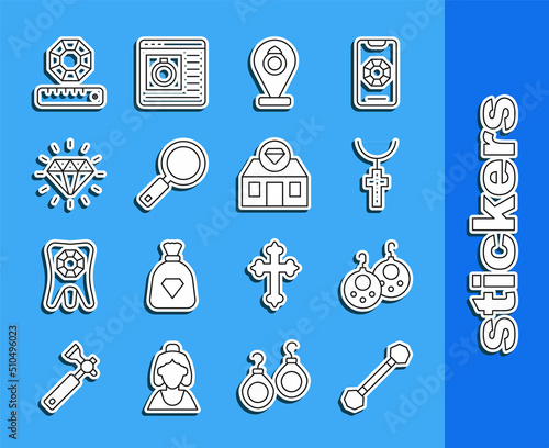 Set line Piercing, Earrings, Christian cross on chain, Jewelry store, Magnifying glass, Diamond, Gem stone and icon. Vector