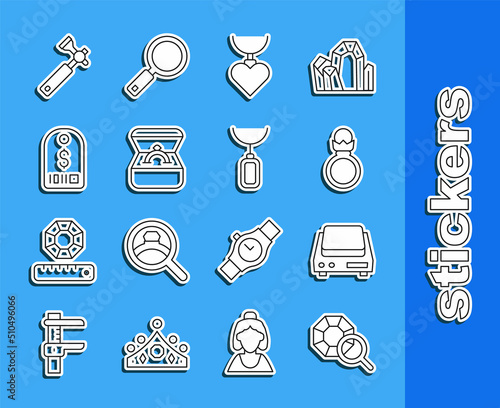 Set line Gem stone, Electronic jewelry scales, Diamond engagement ring, Necklace with heart shaped pendant, box, Price tag dollar, Jewelers lupe and Pendant necklace icon. Vector