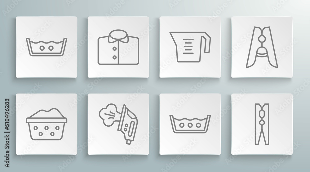 Set line Basin with soap suds, T-shirt, Electric iron, Temperature wash, Clothes pin, Measuring cup, and icon. Vector Set line Basin with soap suds, T-shirt, Electric iron, Temperature wash, Clothes pin, Measuring cup, and icon. Vector