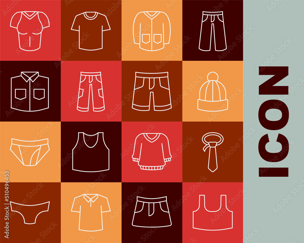Set line Undershirt, Tie, Winter hat, Sweater, Pants, Shirt, T-shirt and Short or pants icon. Vector Set line Undershirt, Tie, Winter hat, Sweater, Pants, Shirt, T-shirt and Short or pants icon. Vector