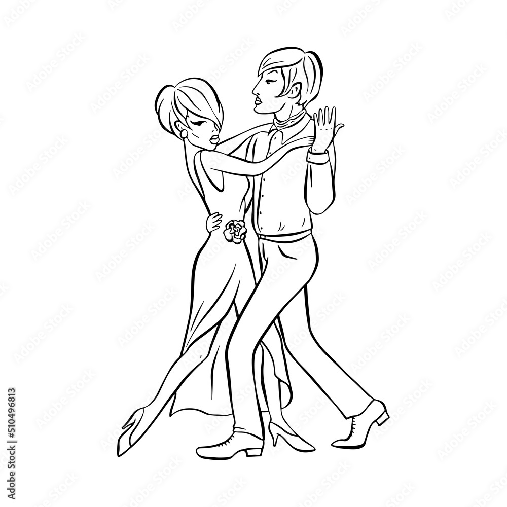 Beautiful couple dancing a tango. Vector in the contour style. Expression of Latin, salsa, rumba.