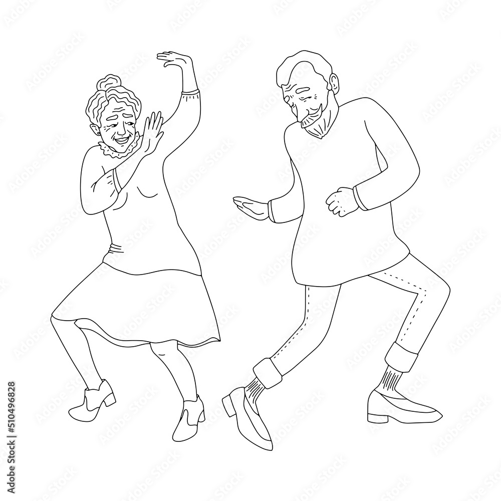 Fototapeta premium Cute couple of elderly people are dancing a fun dance. Grandpa and grandma are dancing a retro dance. Dance duo outline. Vector.