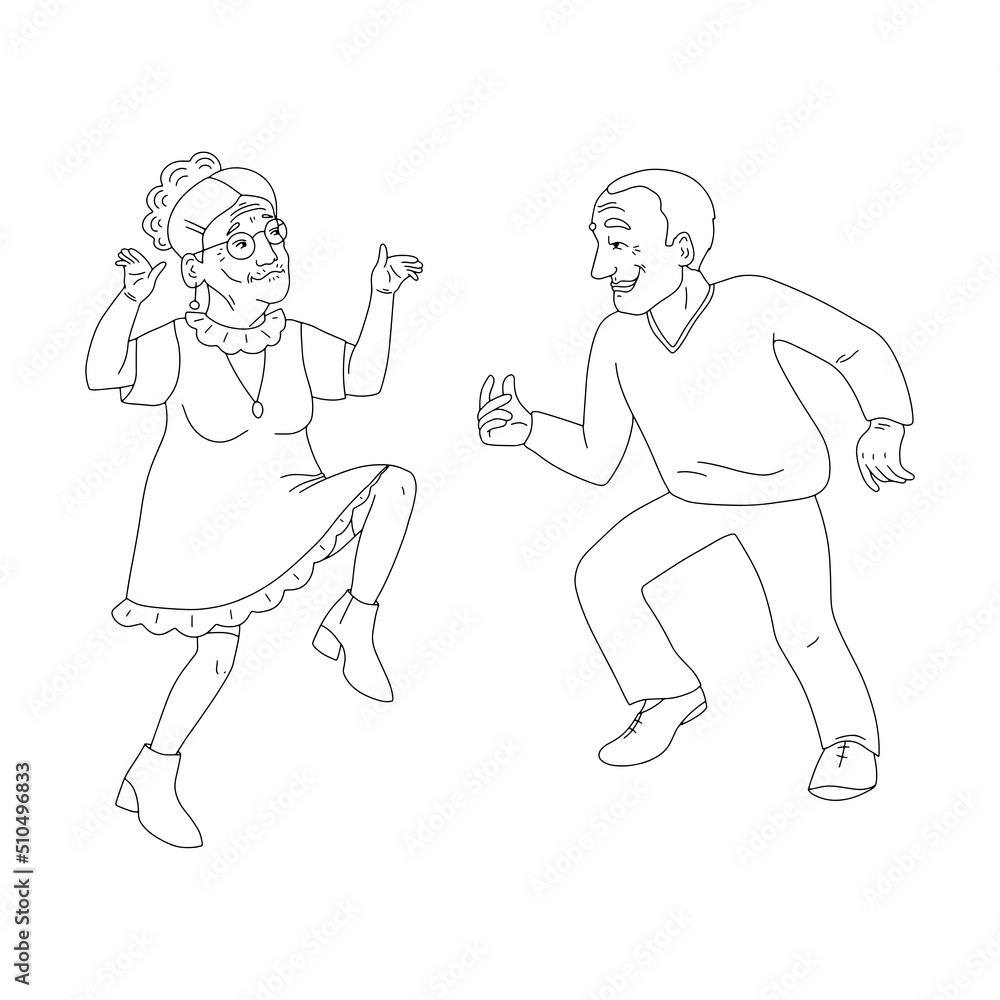 Cute couple of elderly people are dancing a fun dance. Grandpa and grandma are dancing a retro dance. Dance duo outline. Vector.
