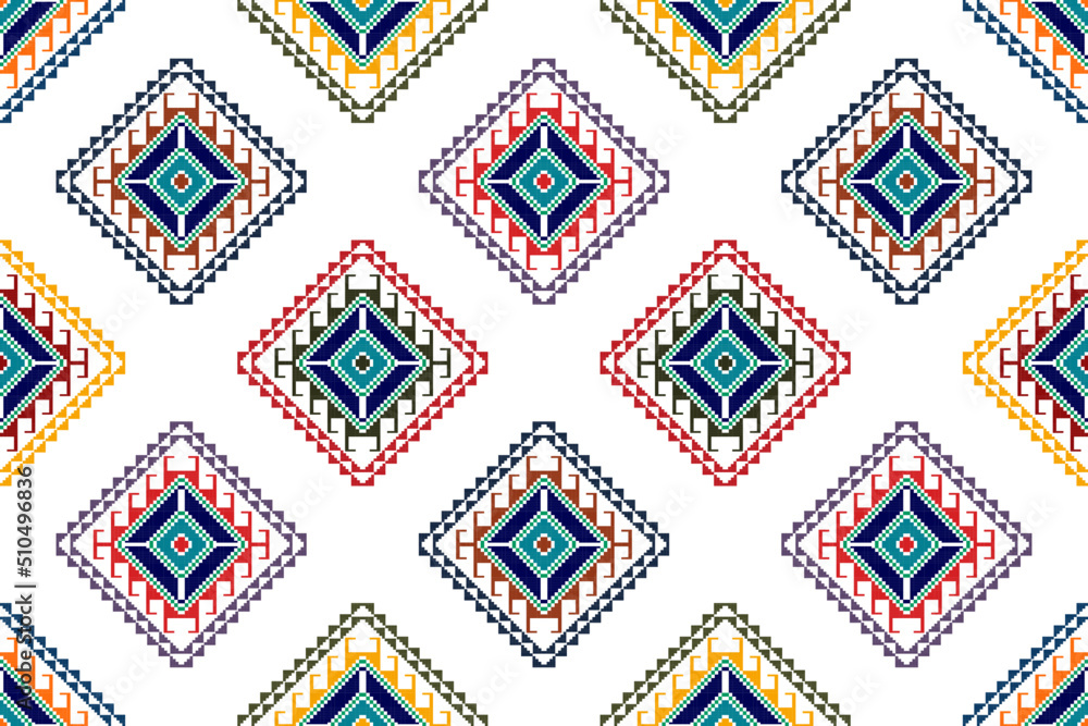 Ikat ethnic seamless pattern design. Aztec fabric carpet mandala ornaments textile decorations wallpaper. Tribal boho native ethnic turkey traditional embroidery vector background Ikat ethnic seamless pattern design. Aztec fabric carpet mandala ornaments textile decorations wallpaper. Tribal boho native ethnic turkey traditional embroidery vector background