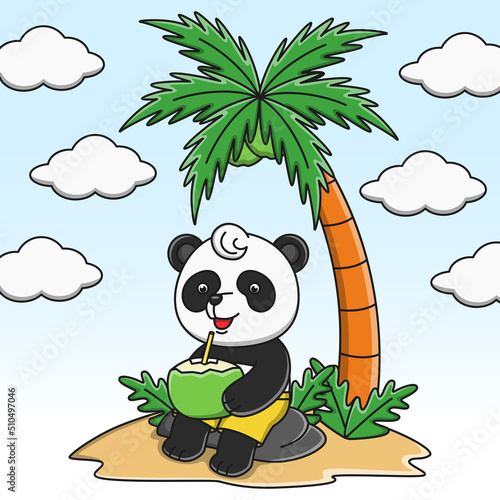 Cute cartoon panda drinking coconut water vector illustration design