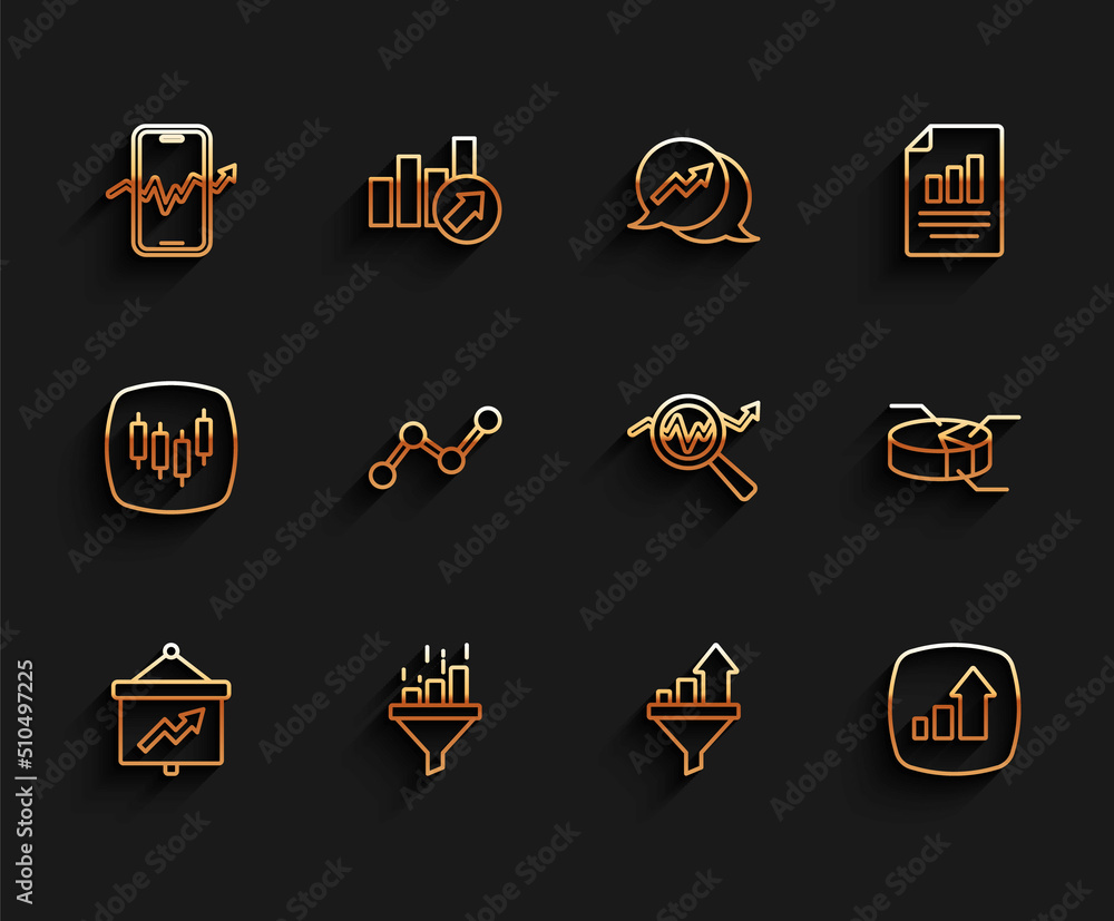 Set line Board with graph, Sales funnel chart, Mobile stock trading, Financial growth, Graph infographic, Pie and Search data analysis icon. Vector Set line Board with graph, Sales funnel chart, Mobile stock trading, Financial growth, Graph infographic, Pie and Search data analysis icon. Vector