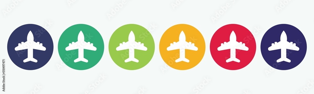 6 circles set with airplane icon in various colors. Vector illustration.