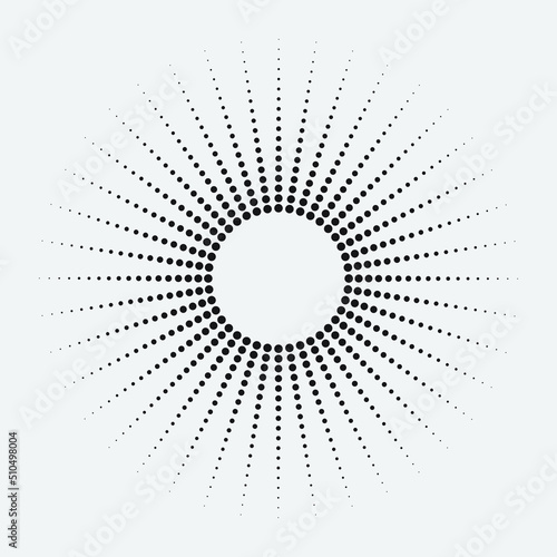 Radial halftone dots in Circle Form. Dotted fireworks explosion background. Starburst round Logo. Circular Design element. Abstract Geometric star rays.