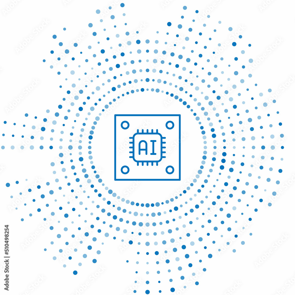 Blue line Computer processor with microcircuits CPU icon isolated on white background. Chip or cpu with circuit board sign. Micro processor. Abstract circle random dots. Vector Blue line Computer processor with microcircuits CPU icon isolated on white background. Chip or cpu with circuit board sign. Micro processor. Abstract circle random dots. Vector