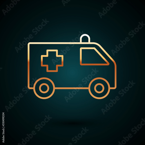 Gold line Ambulance and emergency car icon isolated on dark blue background. Ambulance vehicle medical evacuation. Vector