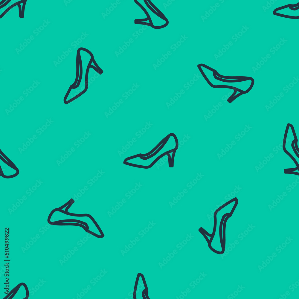 Blue line Woman shoe with high heel icon isolated seamless pattern on green background. Vector
