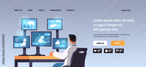 veterinary worker work on desktop with animals on screens scientist doing experiments in lab biological genetic engineering research
