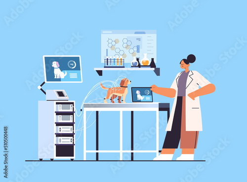 scientist or veterinary worker doing experiments in lab with experimental dog biological genetic engineering research