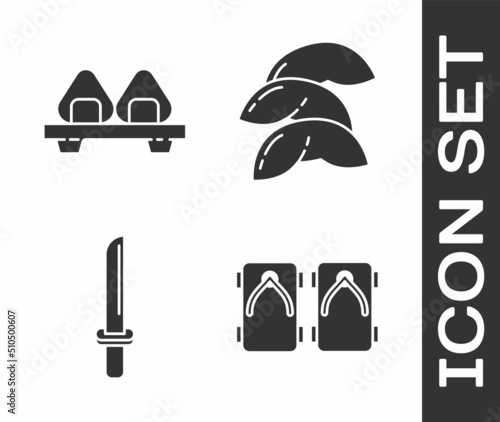 Set Geta traditional Japanese shoes, Sushi on cutting board, Japanese katana and Chinese fortune cookie icon. Vector